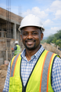 Jean de Dieu Nshimiyimana at the construction site in BUgesera